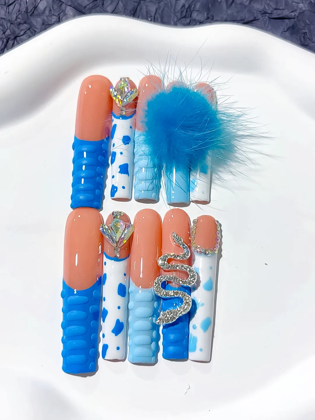 M020 - Long Blue Nude Square Solid color Flower Fur Texture