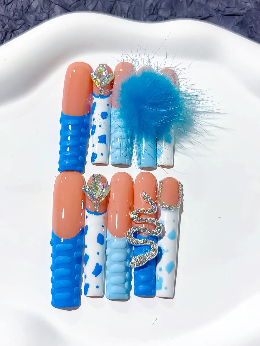 M020 - Long Blue Nude Square Solid color Flower Fur Texture