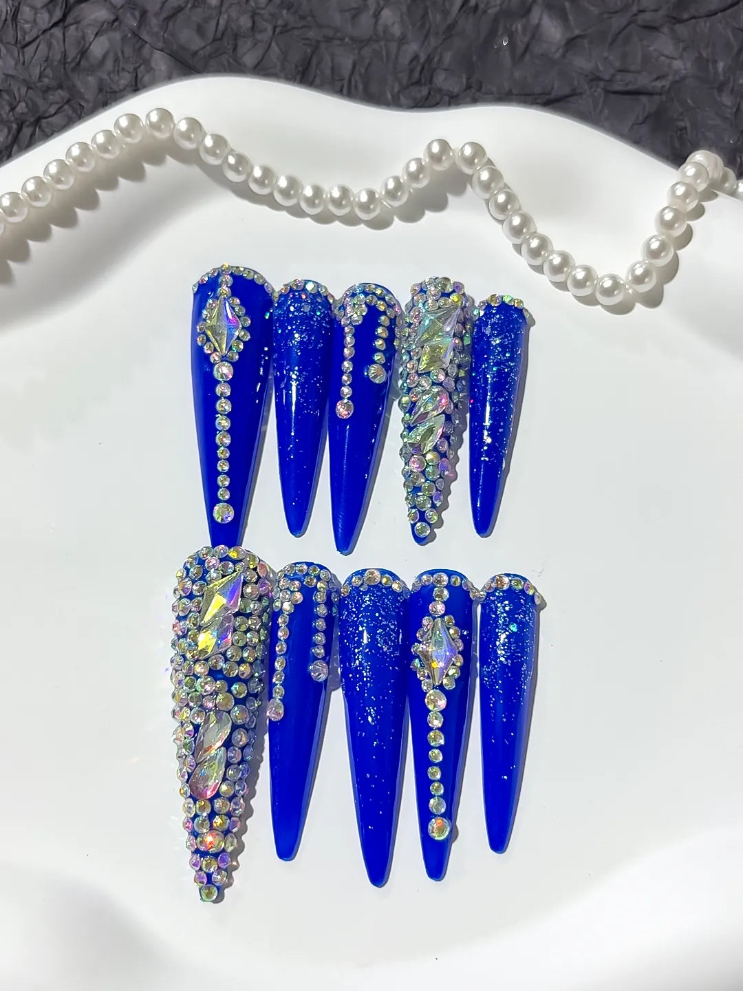M022 - Long Blue Silver Stiletto Solid color Rhinestone Glitter