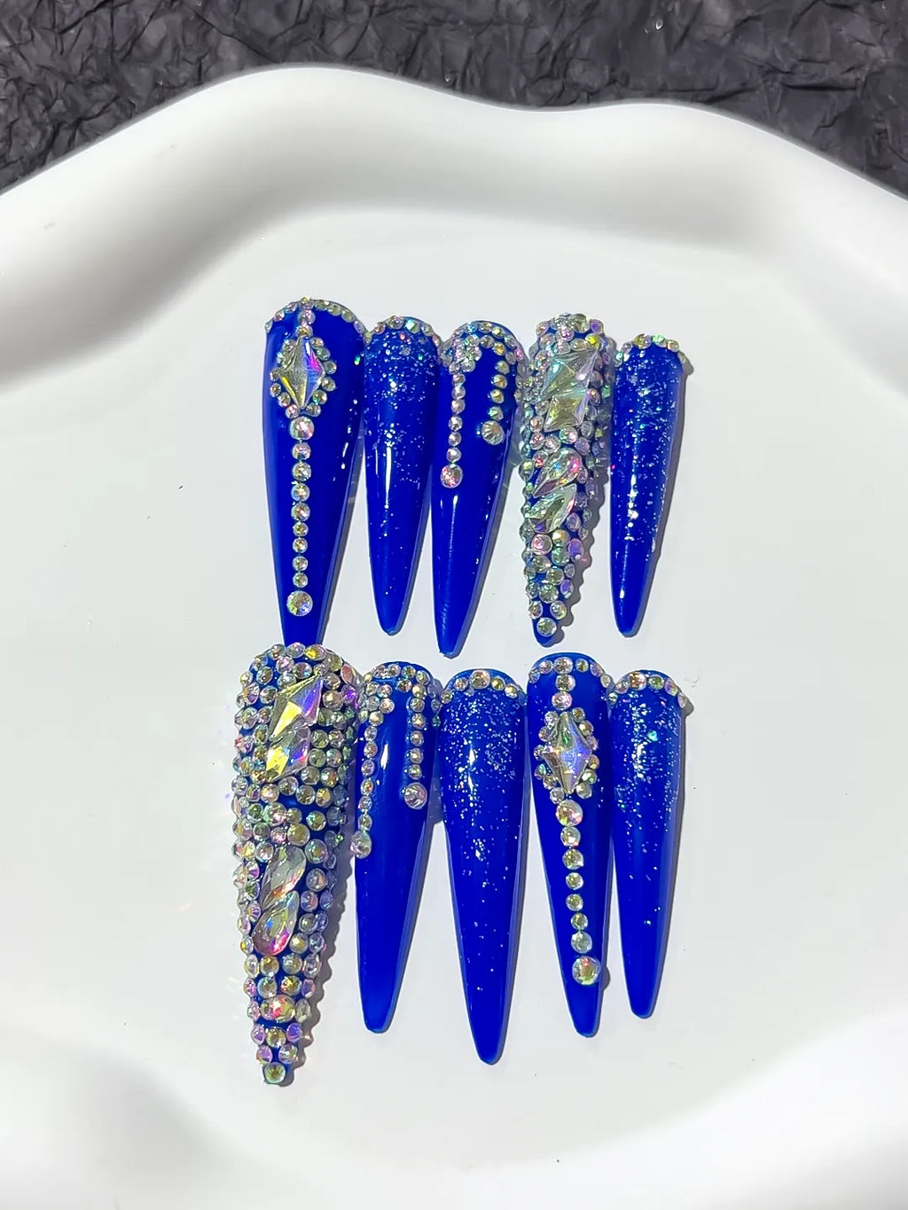 M022 - Long Blue Silver Stiletto Solid color Rhinestone Glitter
