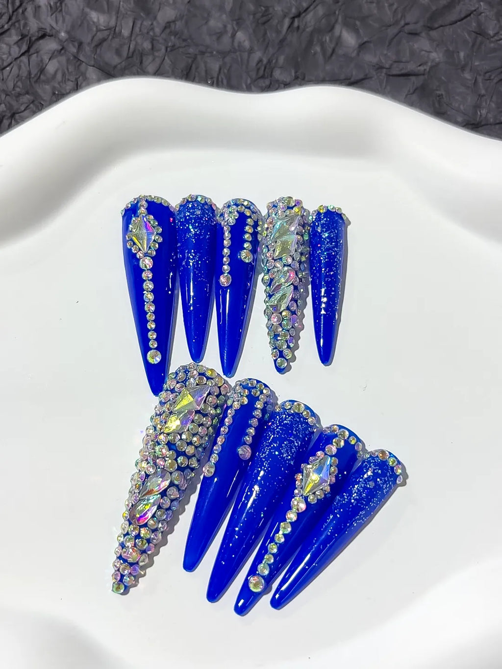 M022 - Long Blue Silver Stiletto Solid color Rhinestone Glitter