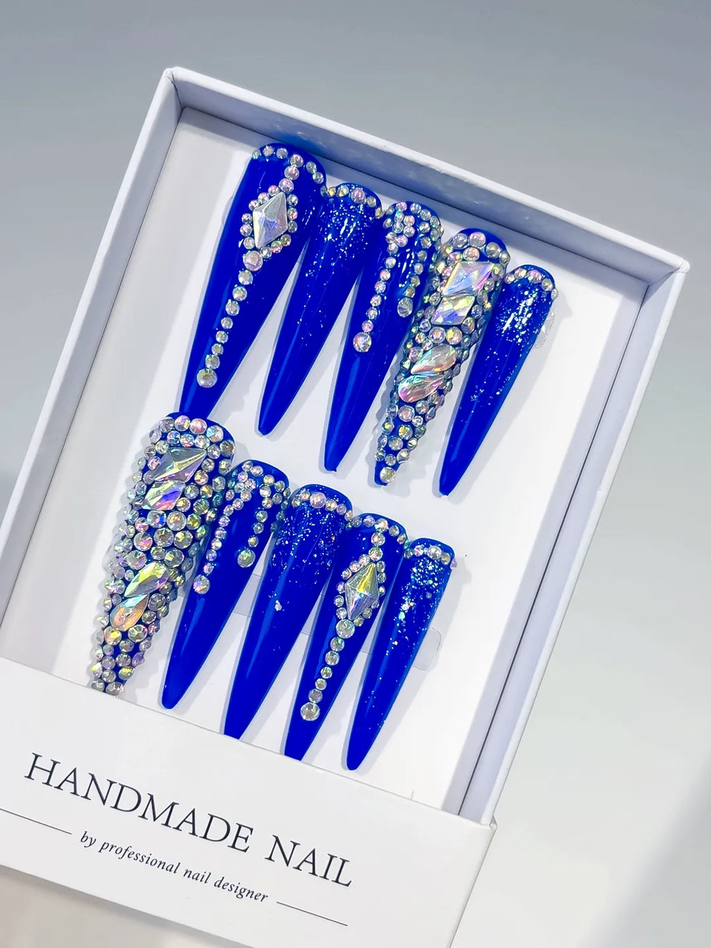 M022 - Long Blue Silver Stiletto Solid color Rhinestone Glitter