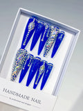 M022 - Long Blue Silver Stiletto Solid color Rhinestone Glitter