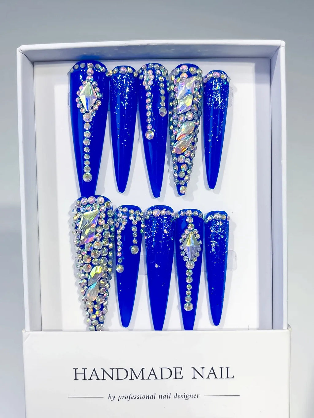 M022 - Long Blue Silver Stiletto Solid color Rhinestone Glitter