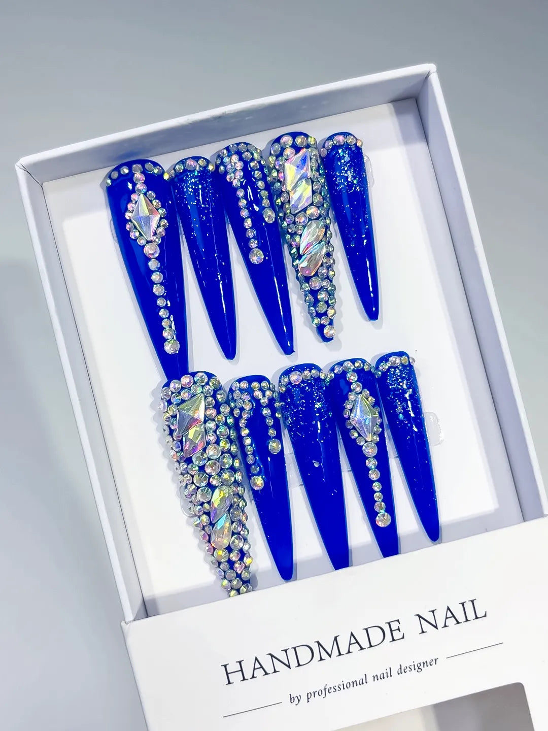 M022 - Long Blue Silver Stiletto Solid color Rhinestone Glitter
