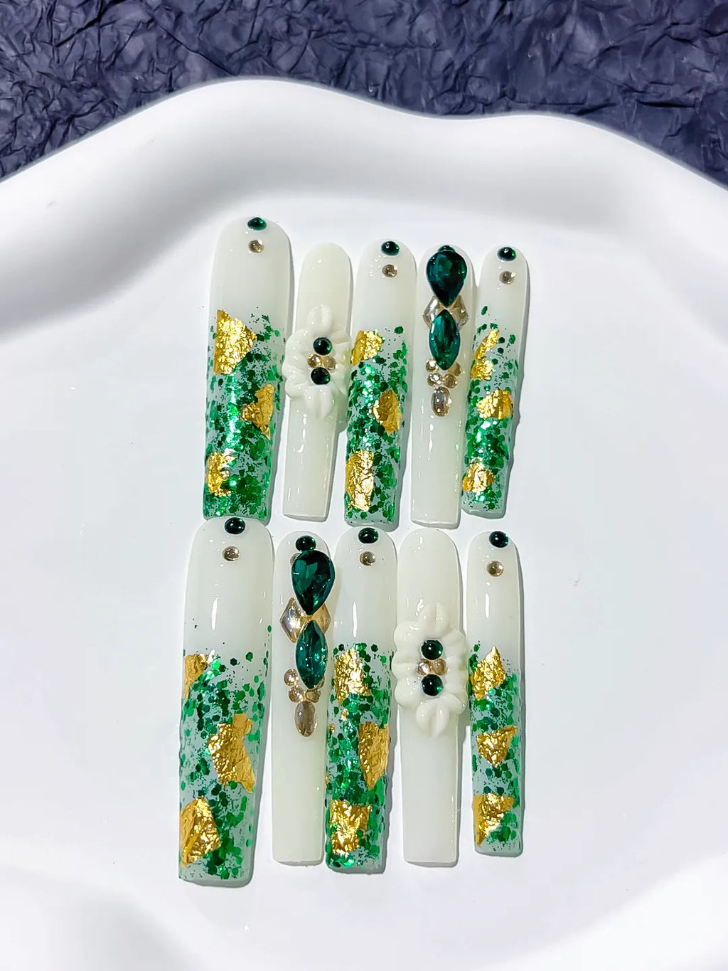 M023 - Long White Green Square Abstract Flower Rhinestone