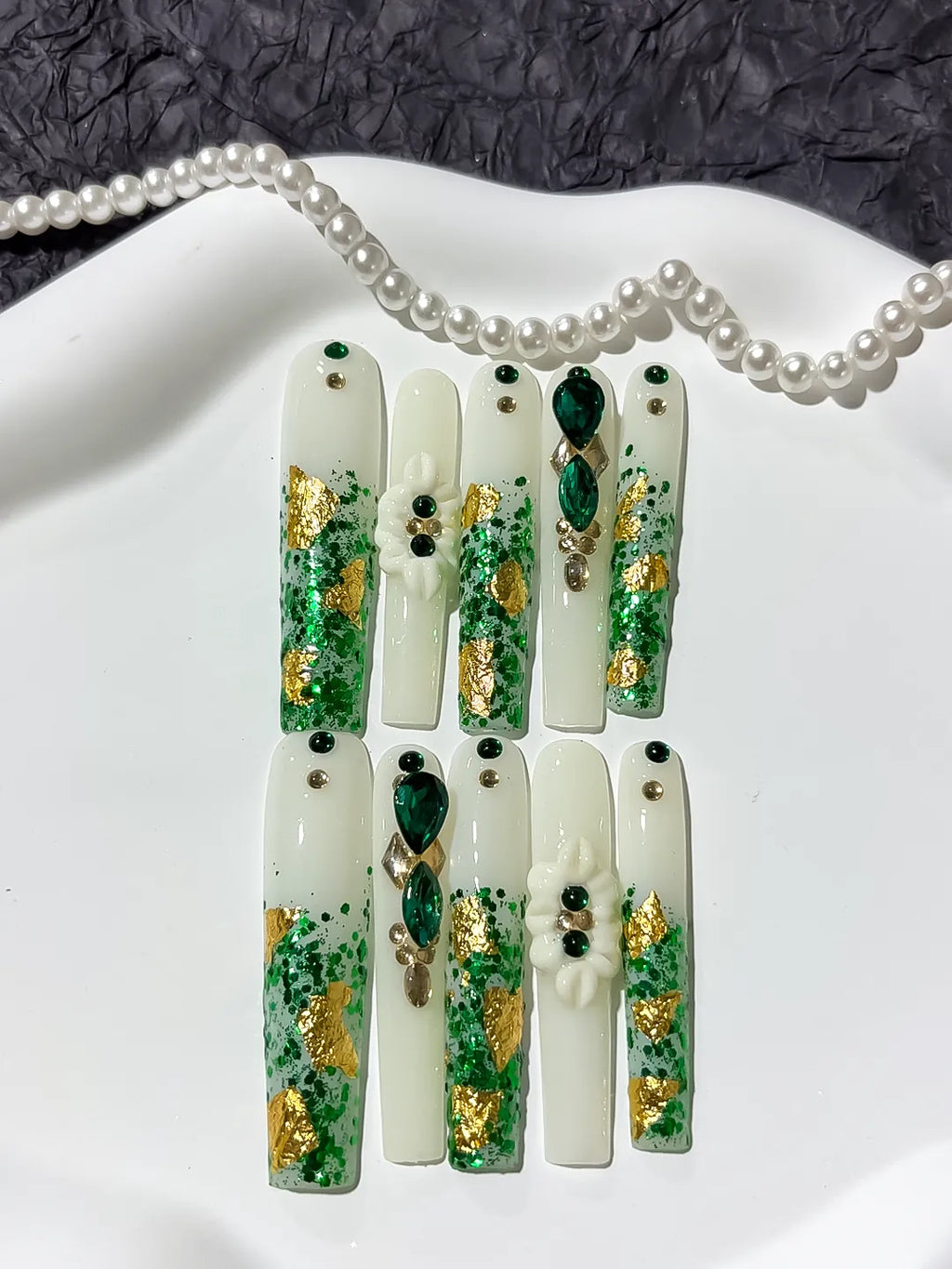 M023 - Long White Green Square Abstract Flower Rhinestone