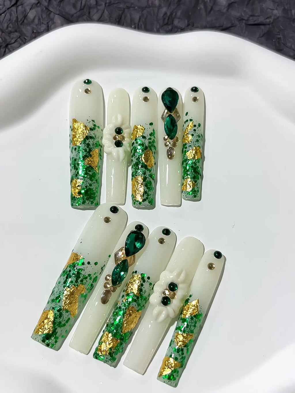 M023 - Long White Green Square Abstract Flower Rhinestone