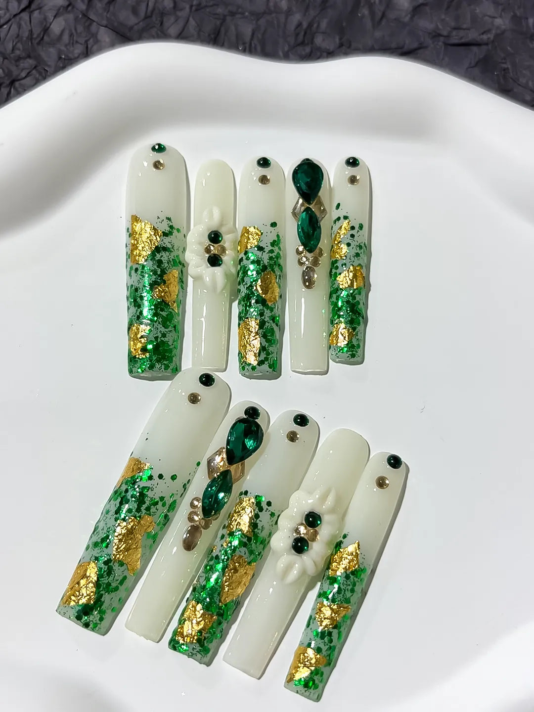 M023 - Long White Green Square Abstract Flower Rhinestone
