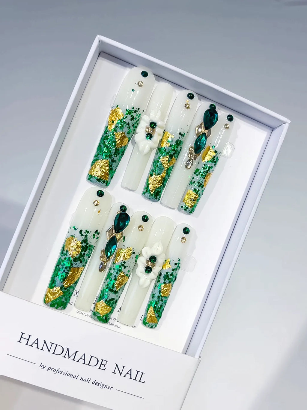 M023 - Long White Green Square Abstract Flower Rhinestone