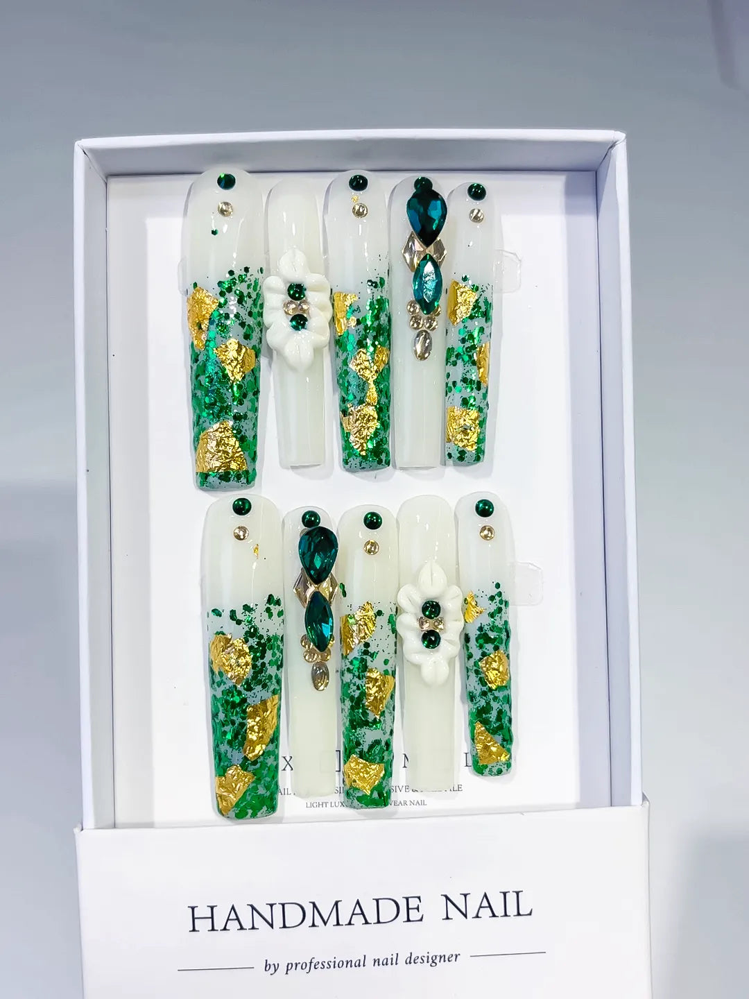 M023 - Long White Green Square Abstract Flower Rhinestone