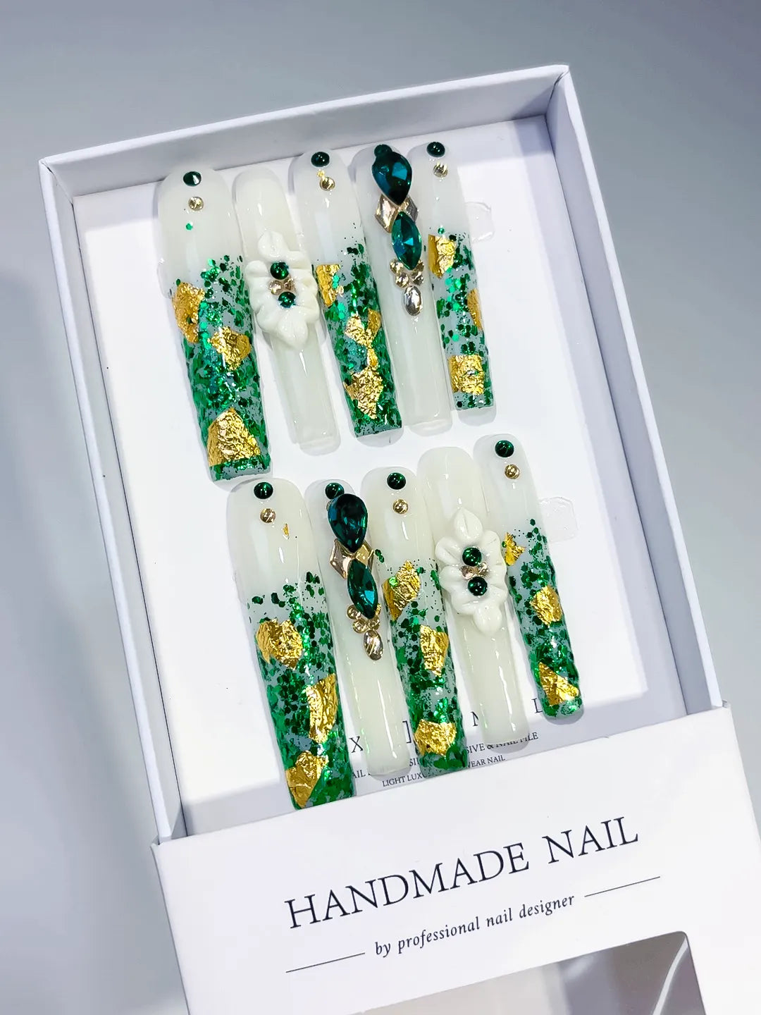 M023 - Long White Green Square Abstract Flower Rhinestone