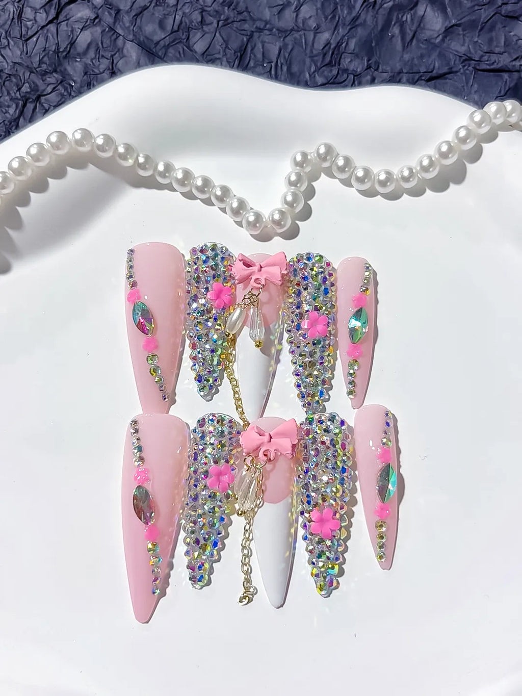 M024 - Long Pink White Stiletto Abstract Flower 3D