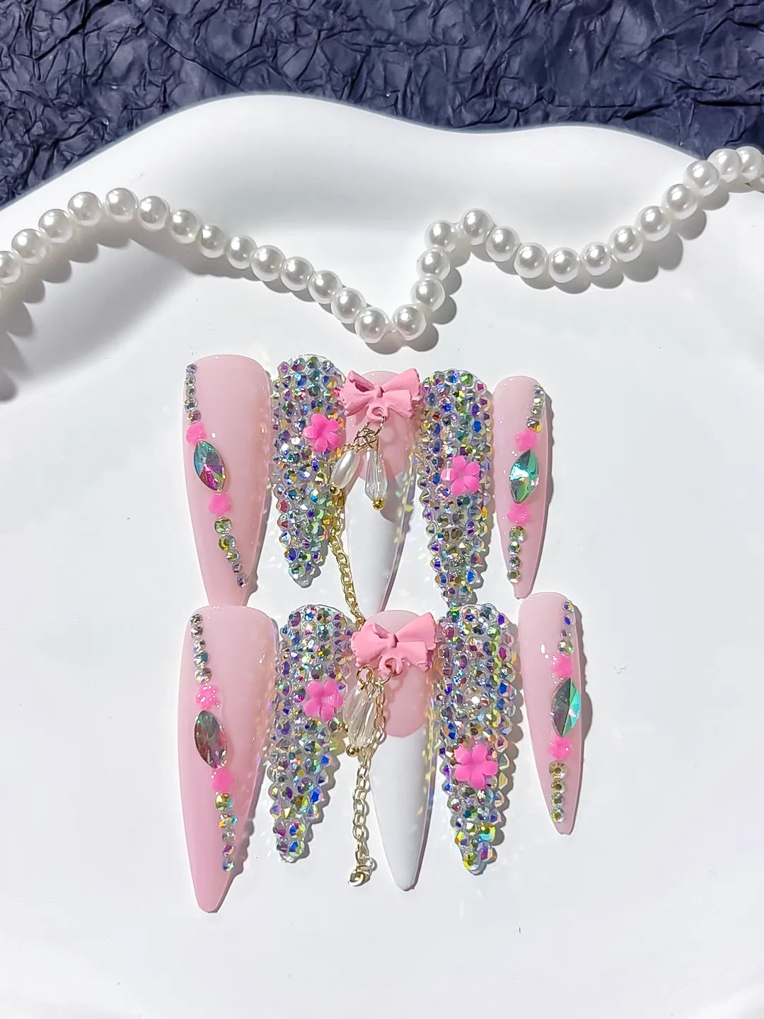 M024 - Long Pink White Stiletto Abstract Flower 3D