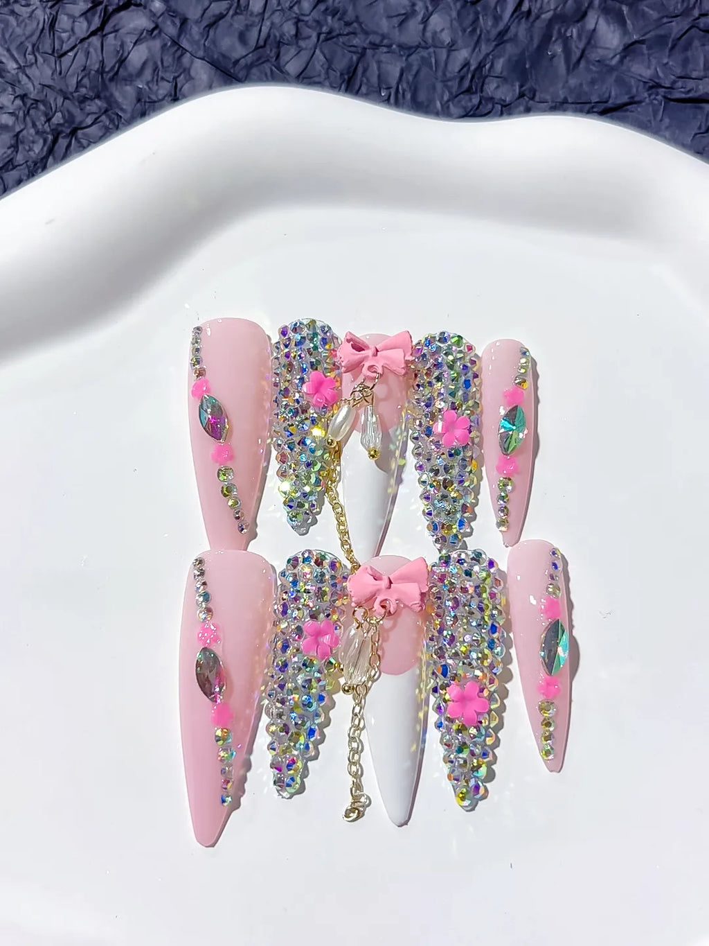 M024 - Long Pink White Stiletto Abstract Flower 3D