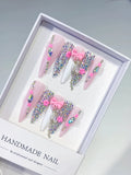 M024 - Long Pink White Stiletto Abstract Flower 3D