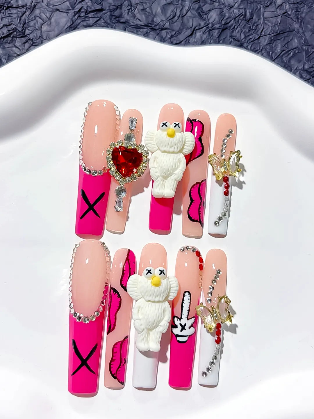 M025 - Long Pink Nude Square Solid color Bear Bow