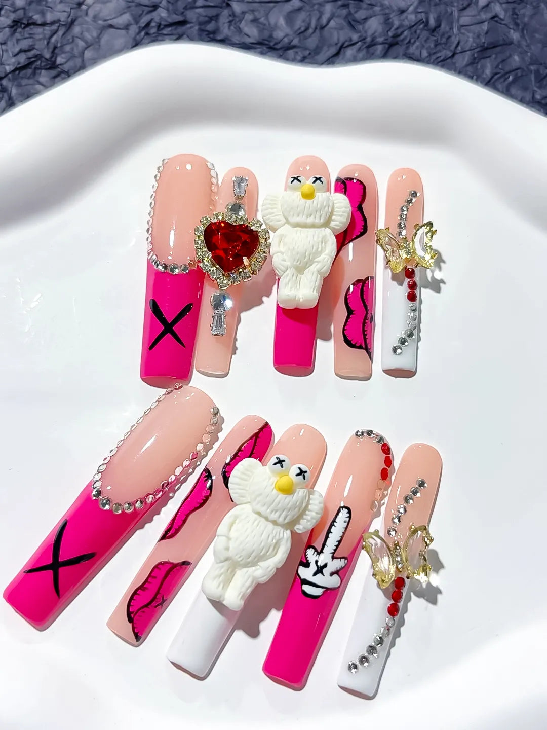 M025 - Long Pink Nude Square Solid color Bear Bow