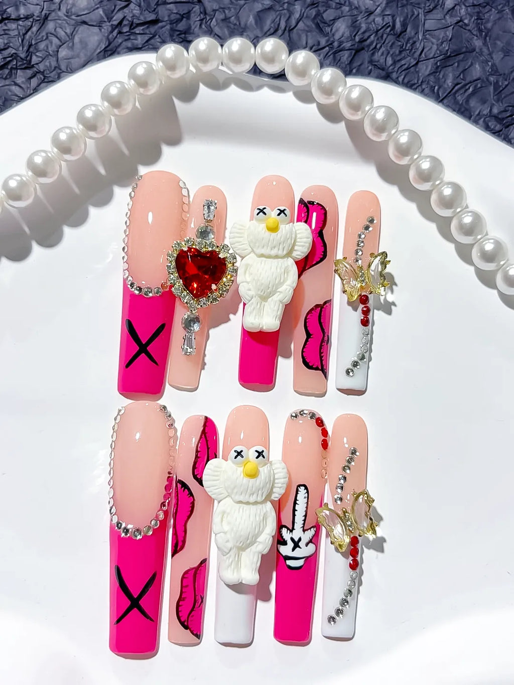 M025 - Long Pink Nude Square Solid color Bear Bow