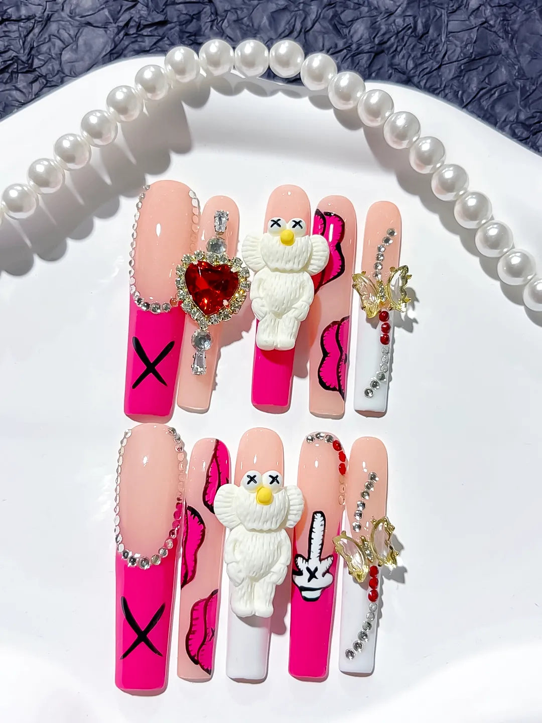 M025 - Long Pink Nude Square Solid color Bear Bow