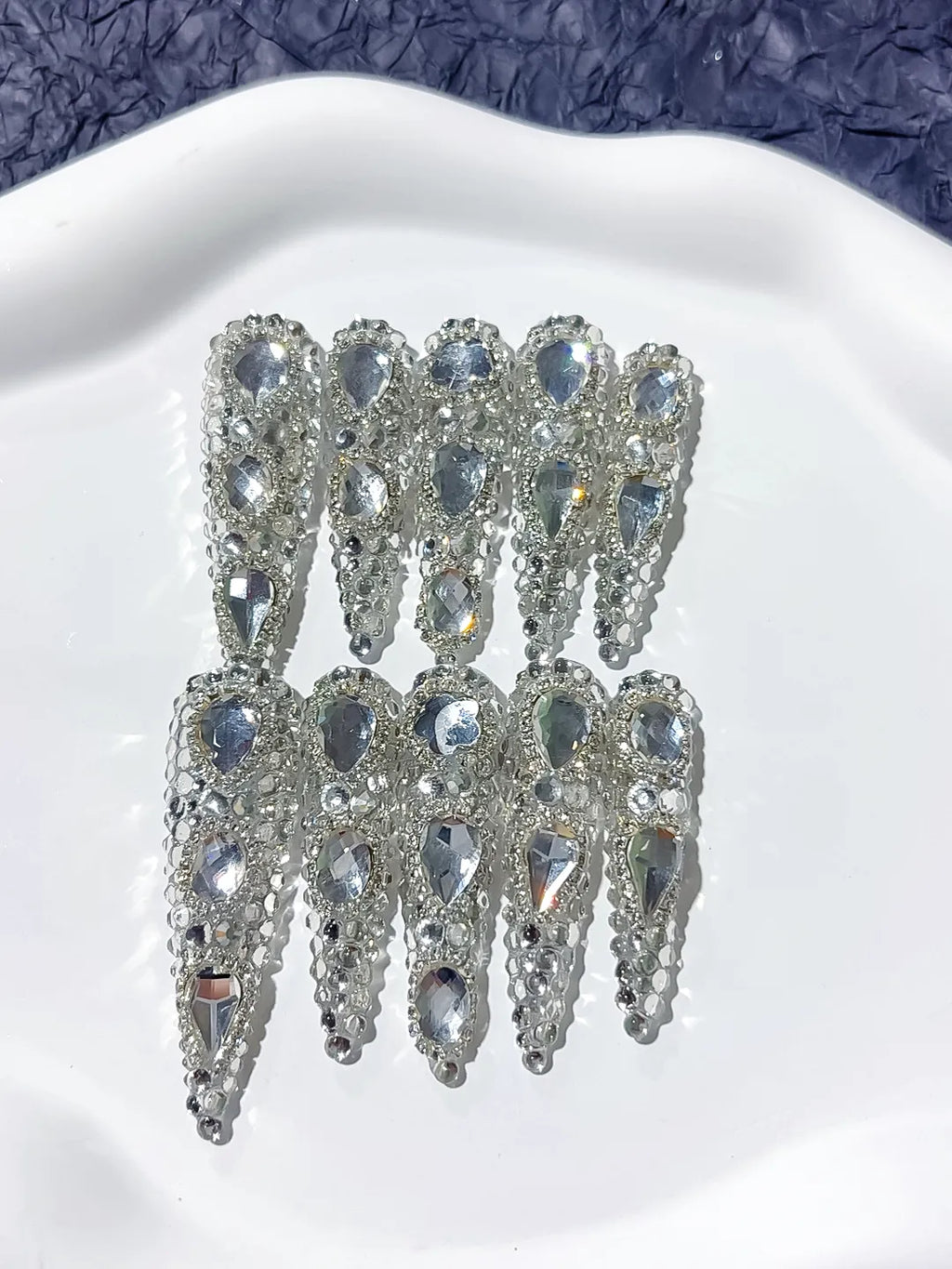 M026 - Long Silver Stiletto Metallic Rhinestone Crystal Cluster