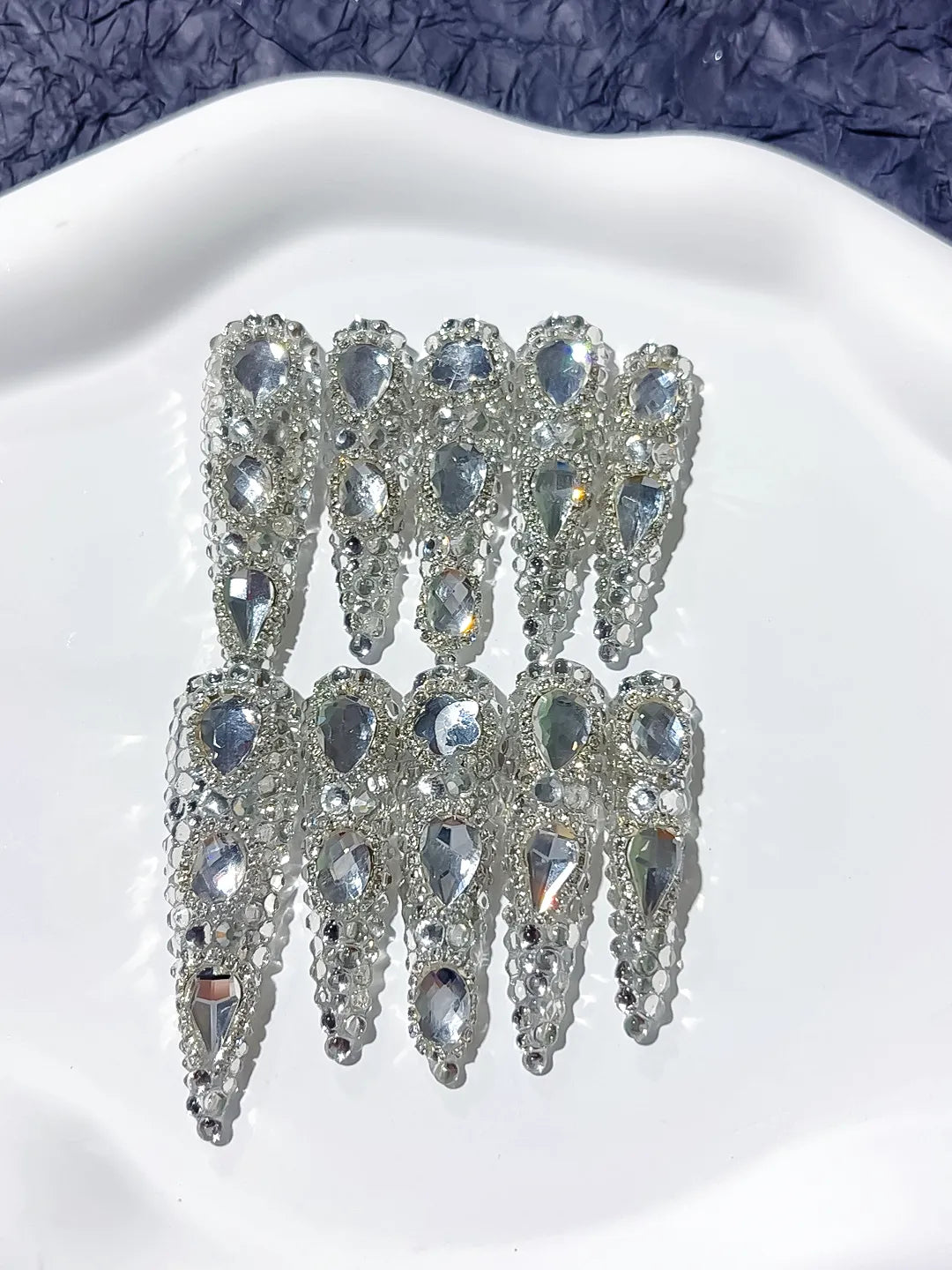 M026 - Long Silver Stiletto Metallic Rhinestone Crystal Cluster