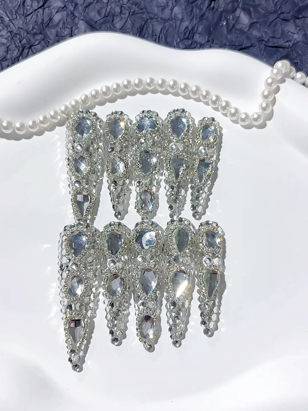 M026 - Long Silver Stiletto Metallic Rhinestone Crystal Cluster