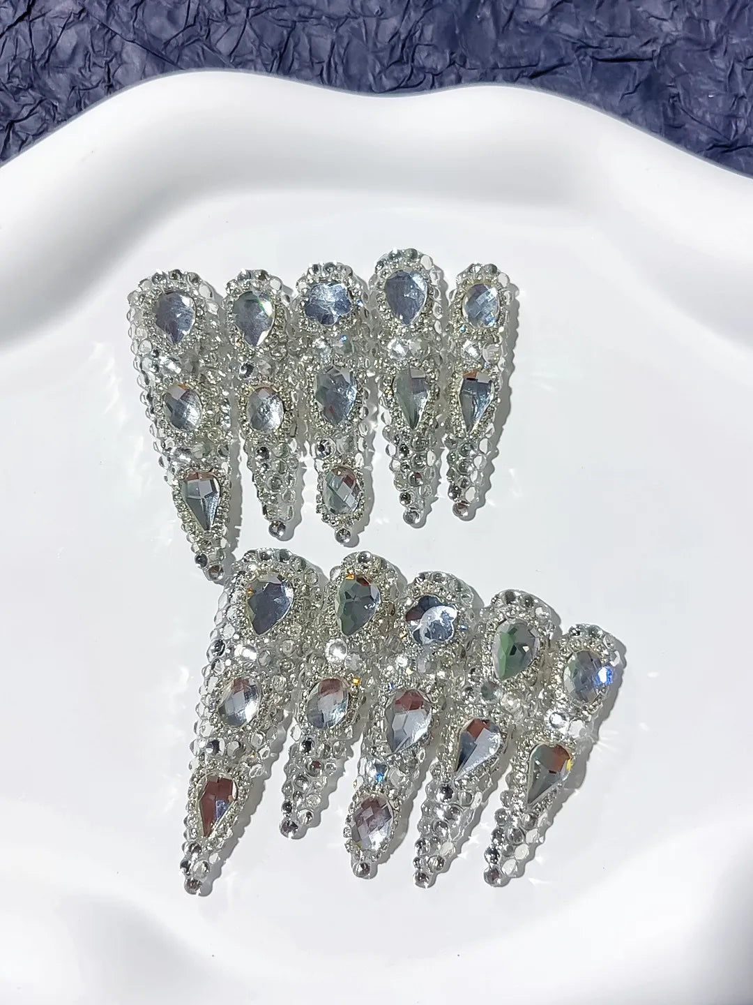 M026 - Long Silver Stiletto Metallic Rhinestone Crystal Cluster