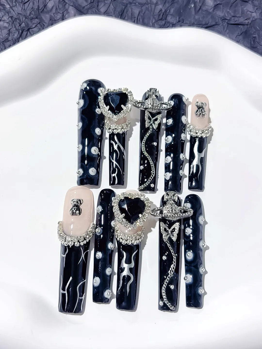 M028 - Long Black White Square Abstract Flower Rhinestone
