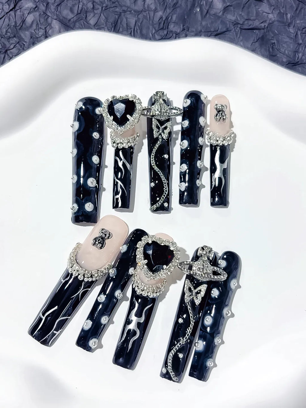 M028 - Long Black White Square Abstract Flower Rhinestone