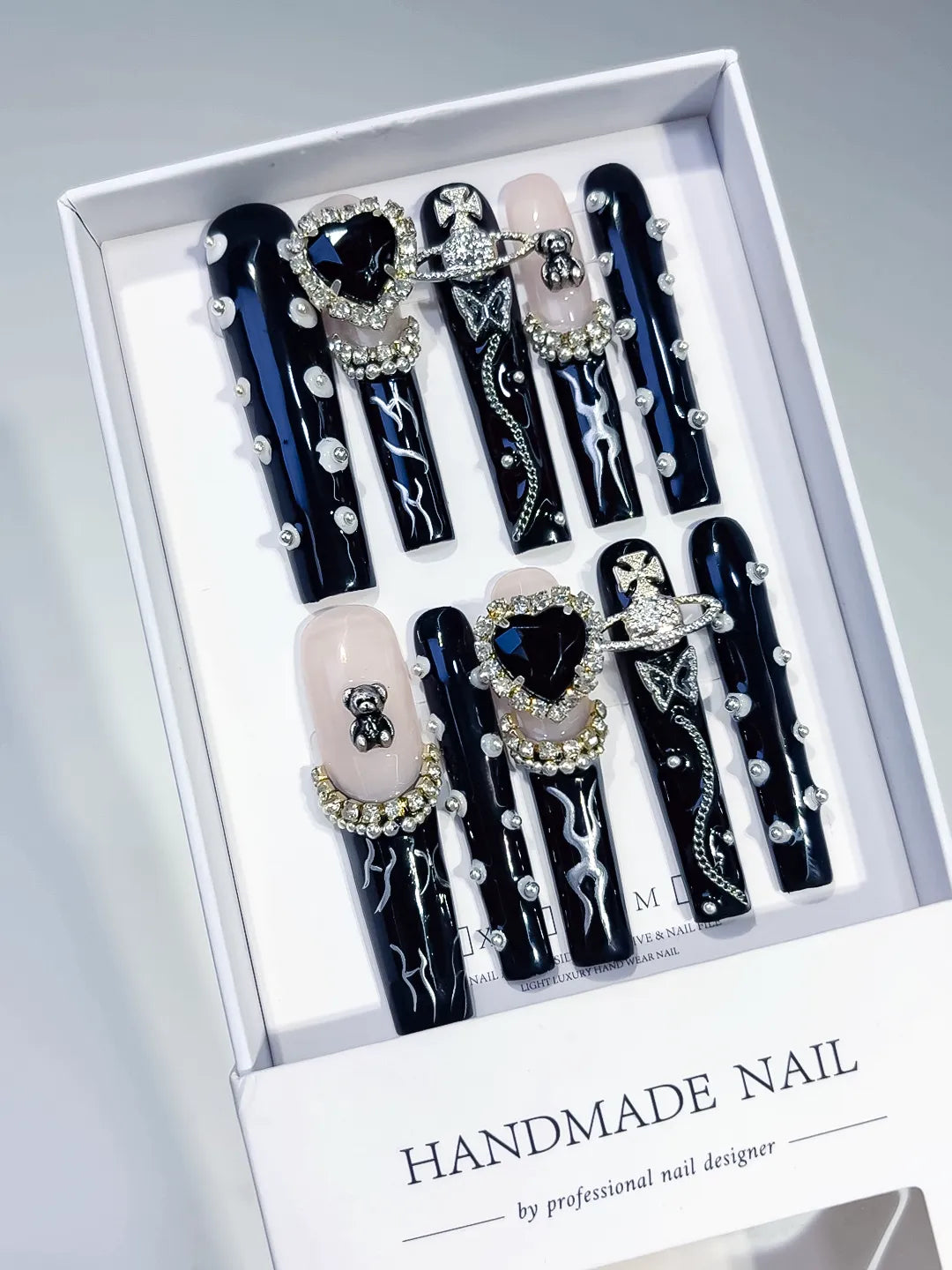 M028 - Long Black White Square Abstract Flower Rhinestone
