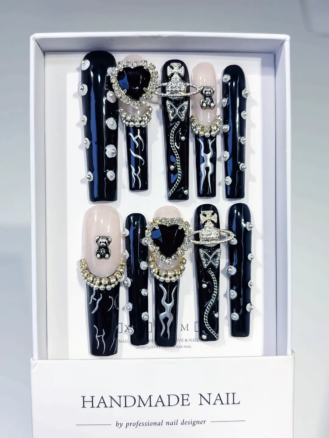 M028 - Long Black White Square Abstract Flower Rhinestone