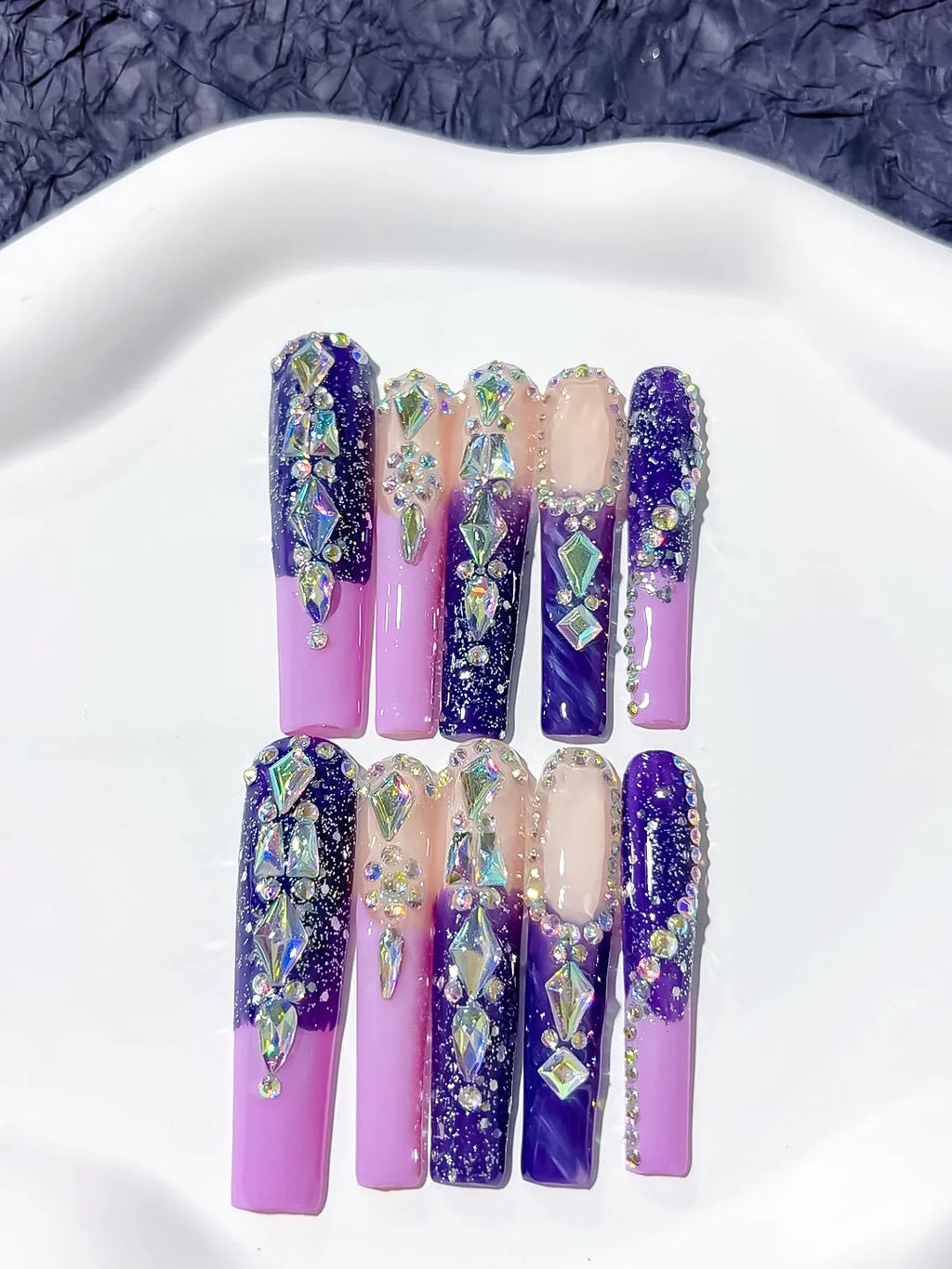 M029 - Long Purple Silver Square Abstract Linework Rhinestone