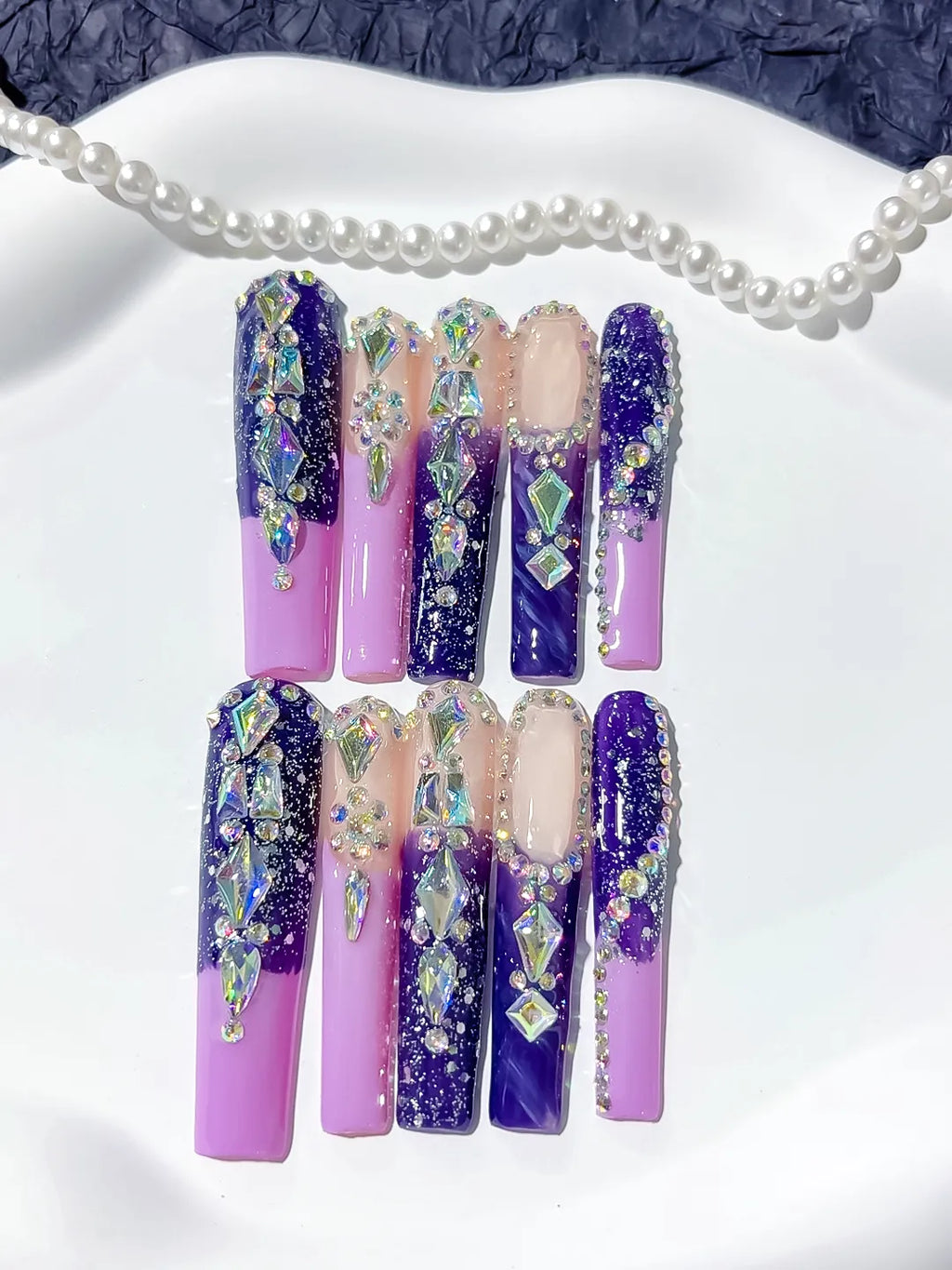 M029 - Long Purple Silver Square Abstract Linework Rhinestone