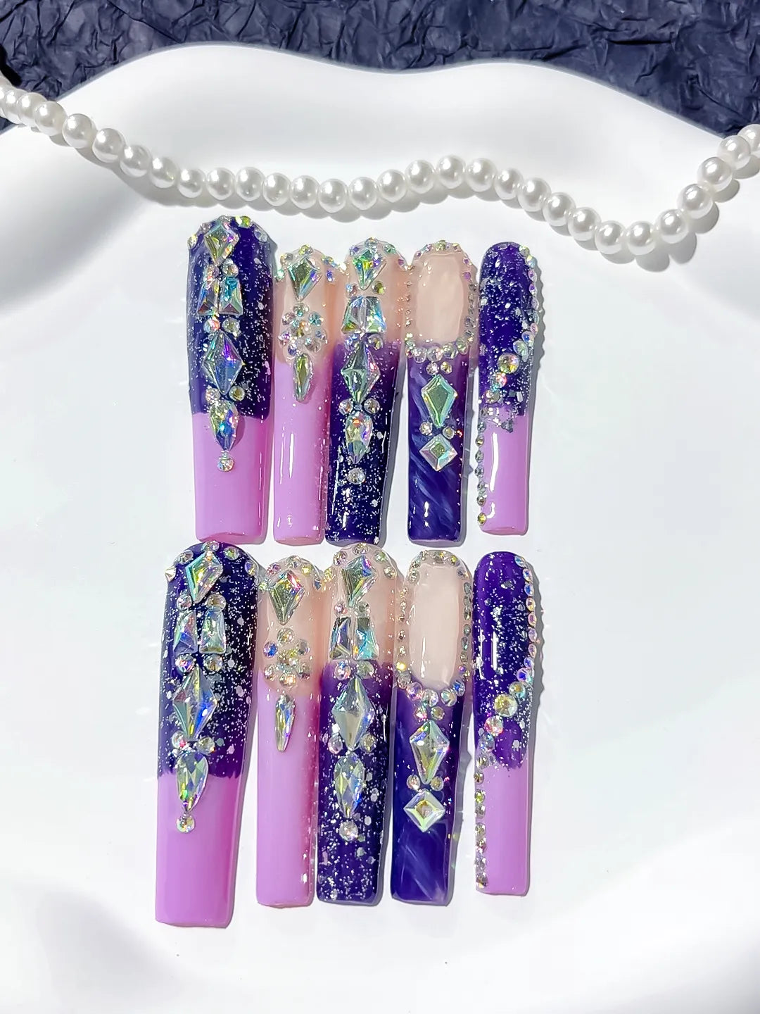 M029 - Long Purple Silver Square Abstract Linework Rhinestone