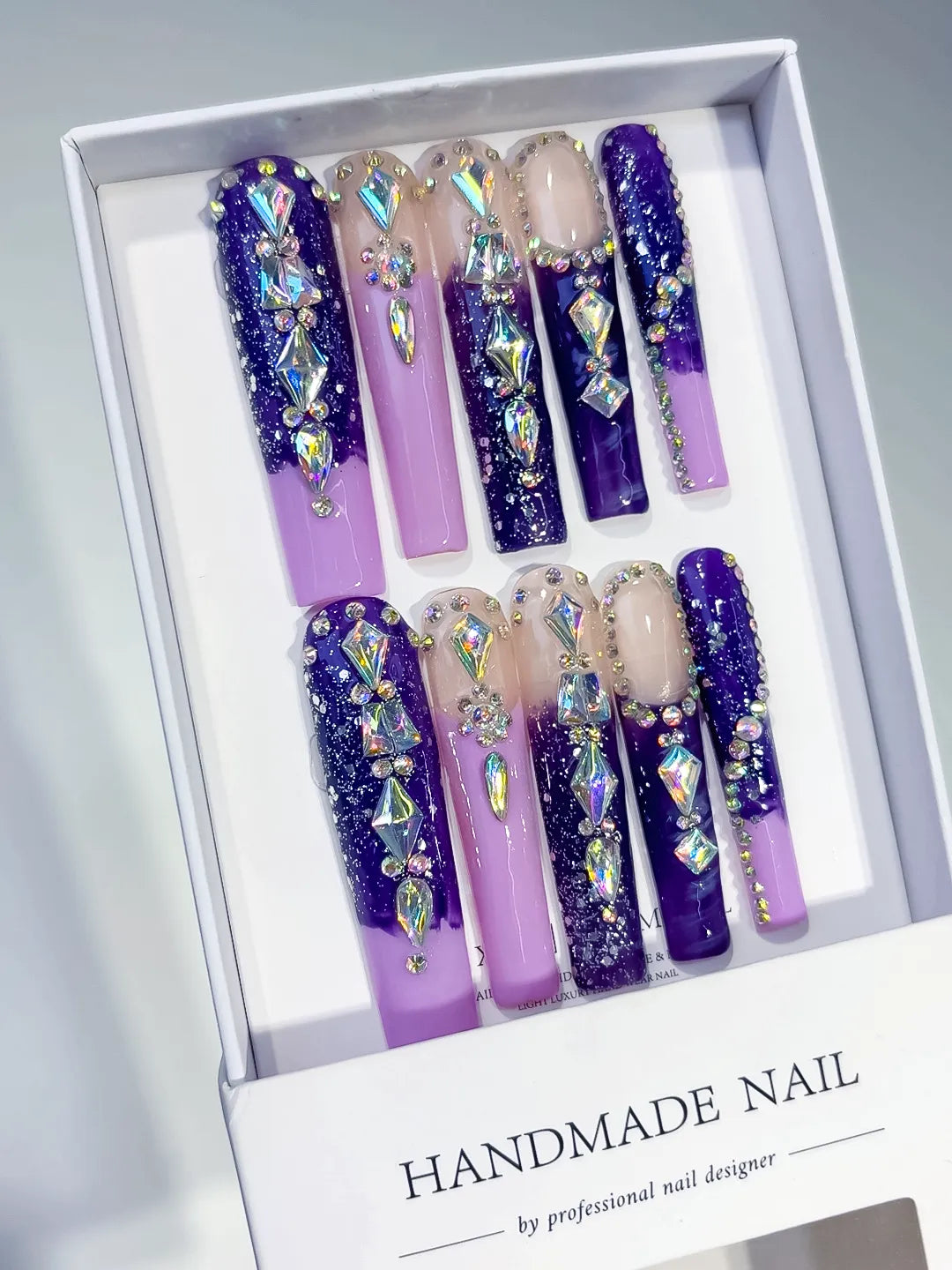 M029 - Long Purple Silver Square Abstract Linework Rhinestone