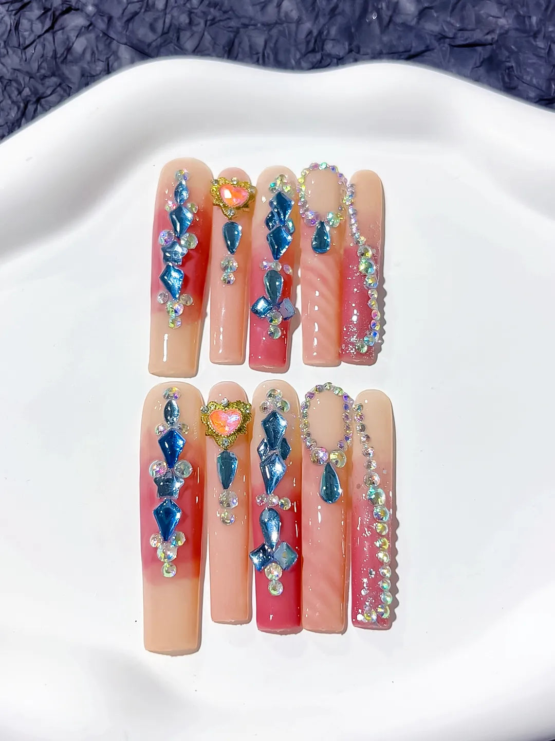 M030 - Long Pink Blue Square Abstract Star Rhinestone