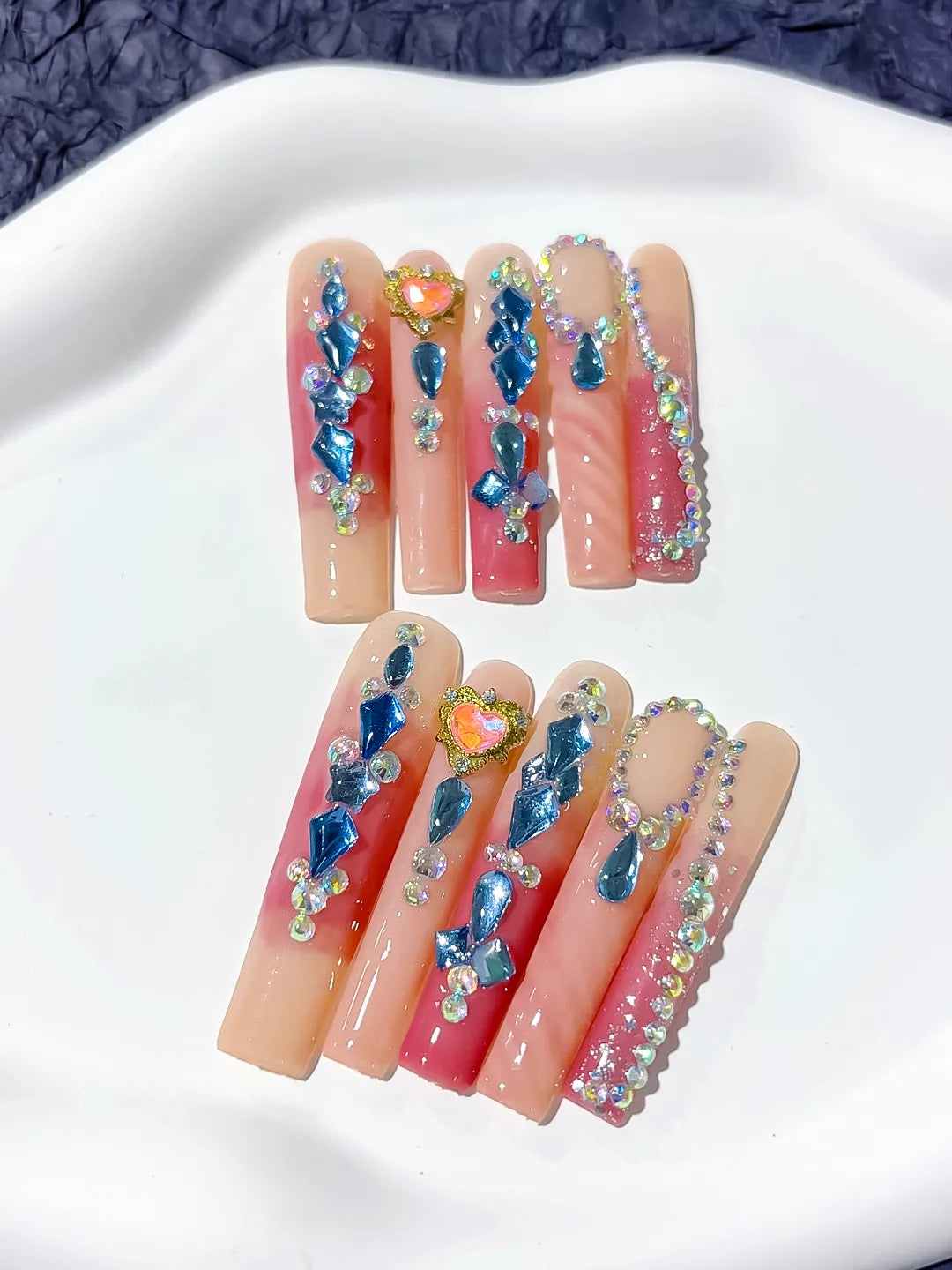 M030 - Long Pink Blue Square Abstract Star Rhinestone