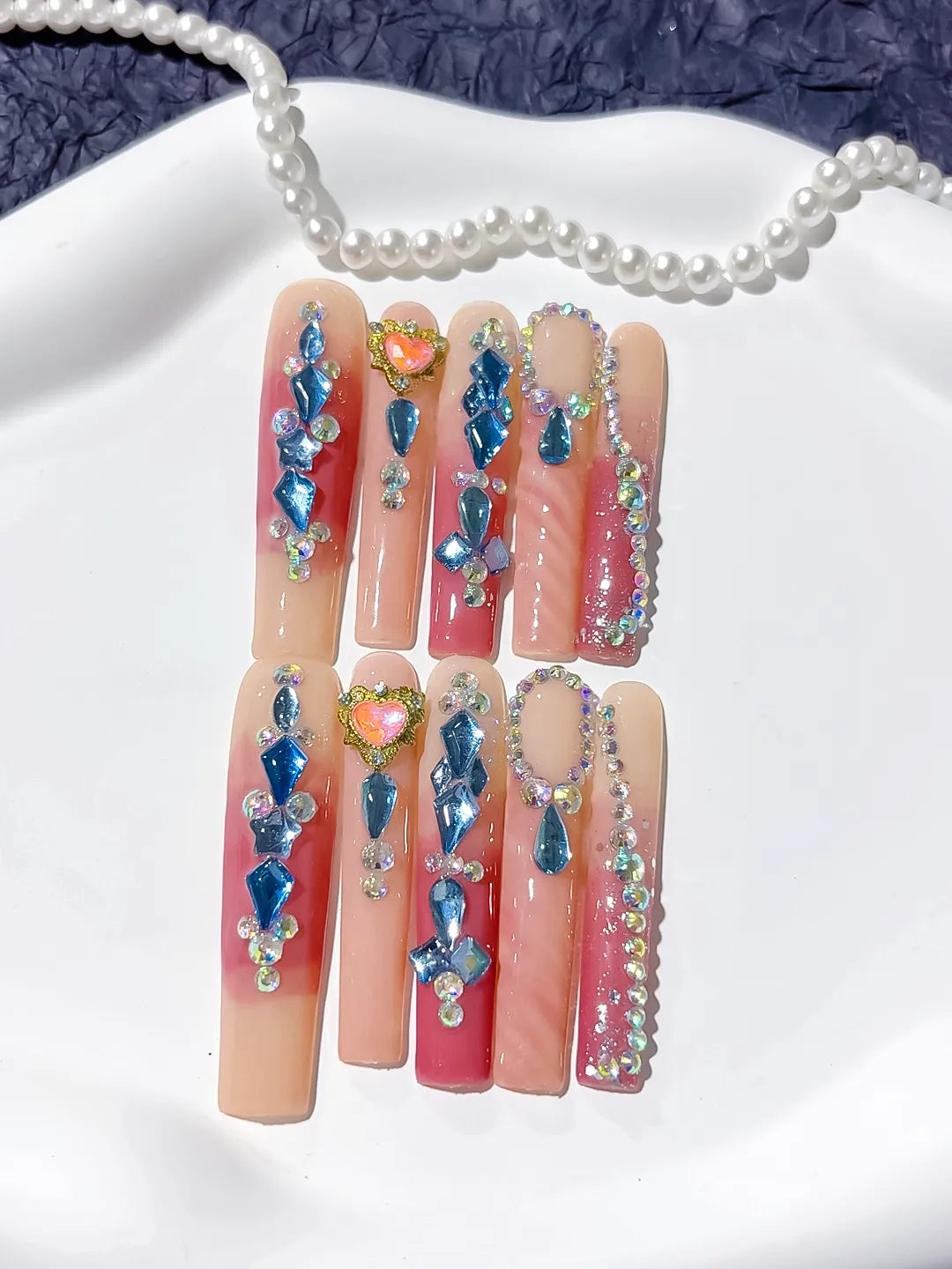 M030 - Long Pink Blue Square Abstract Star Rhinestone