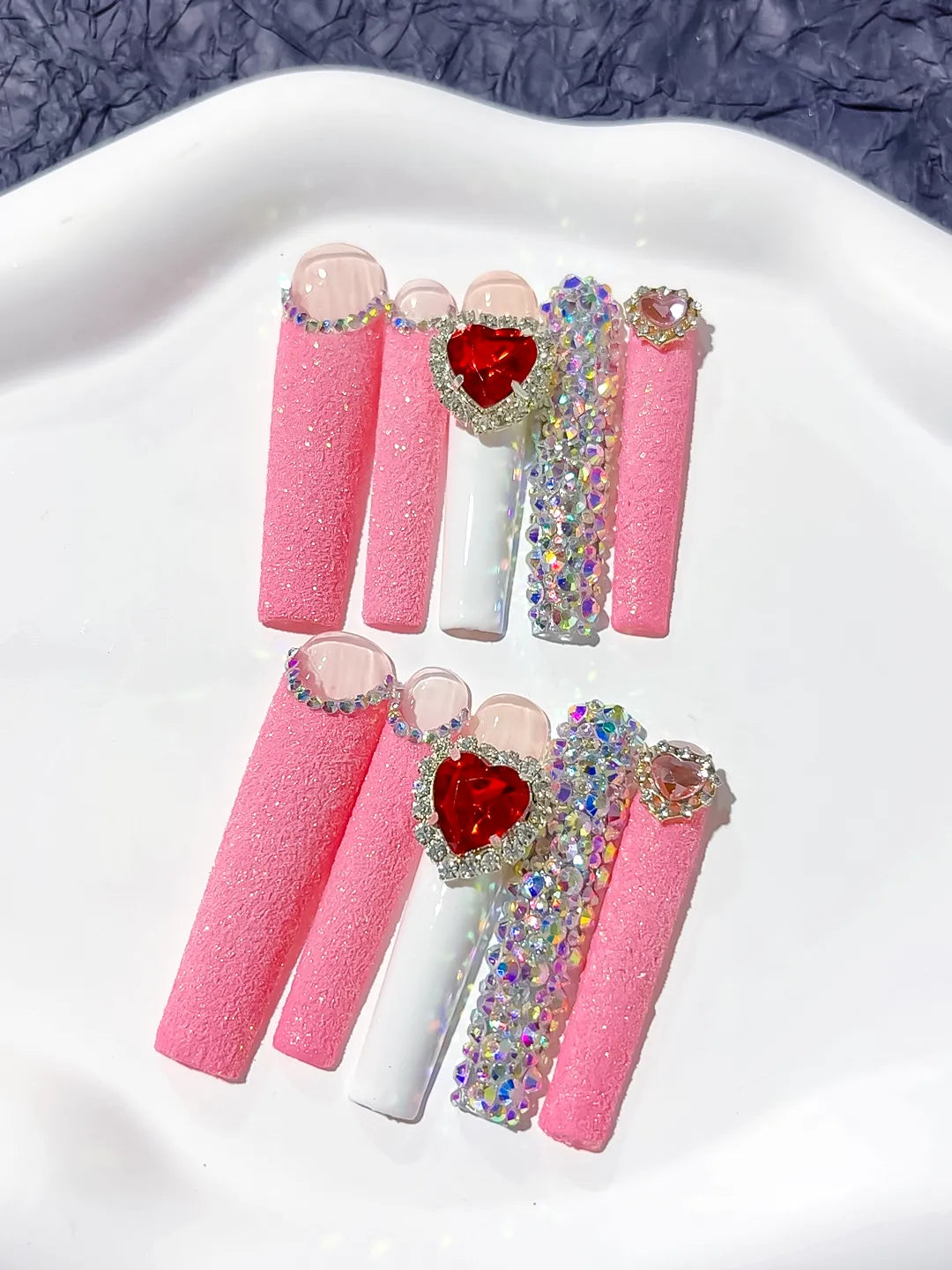 M031 - Long Pink White Square Solid color Heart Bow