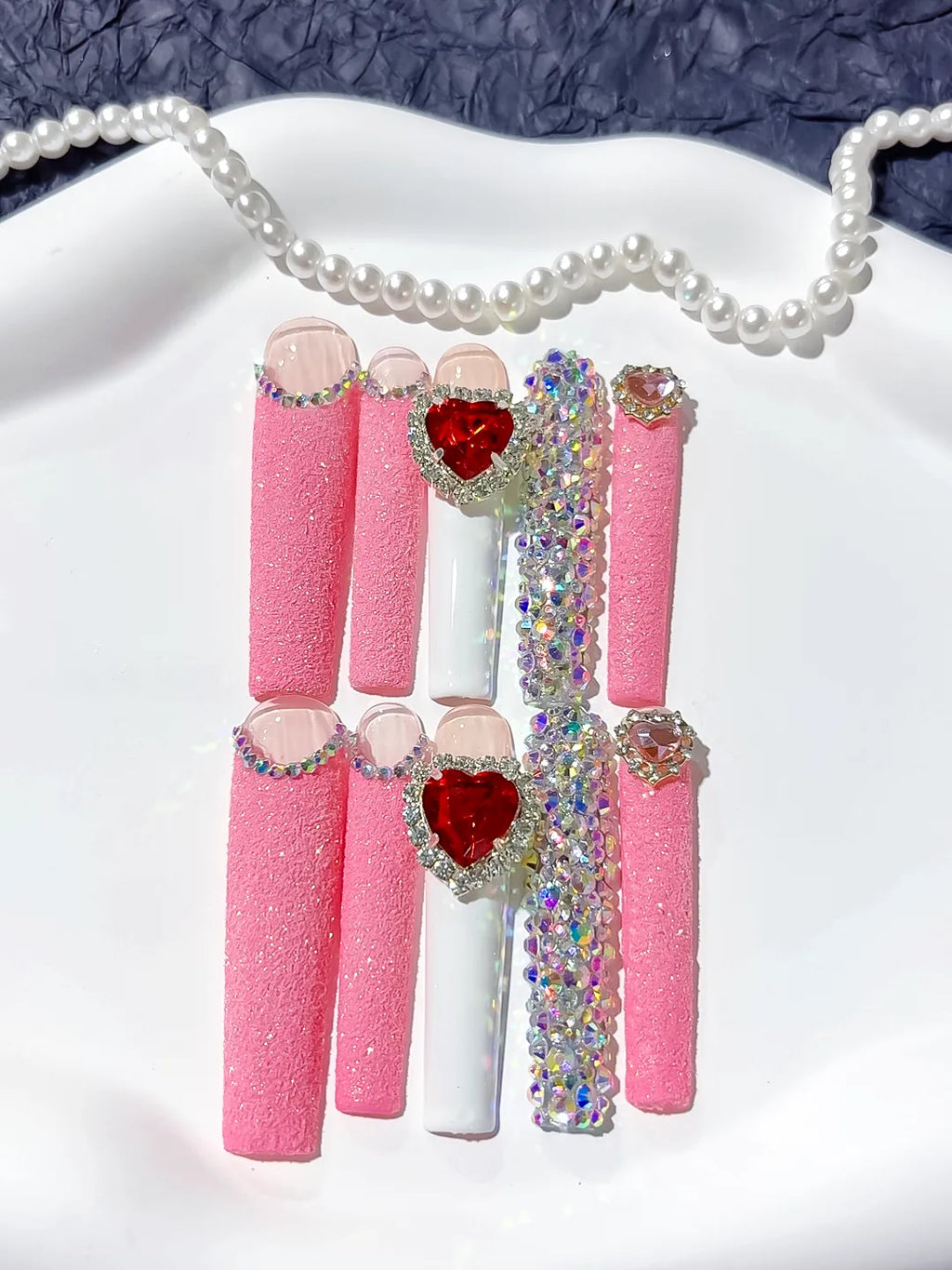 M031 - Long Pink White Square Solid color Heart Bow