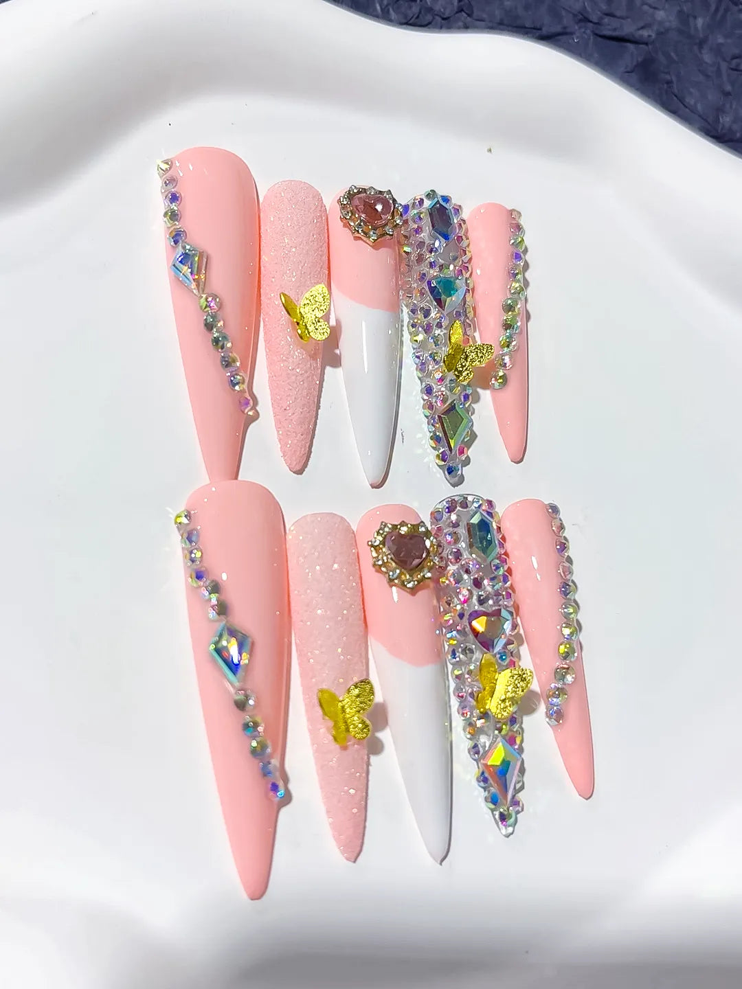 M032 - Long White Pink Stiletto Abstract Flower 3D