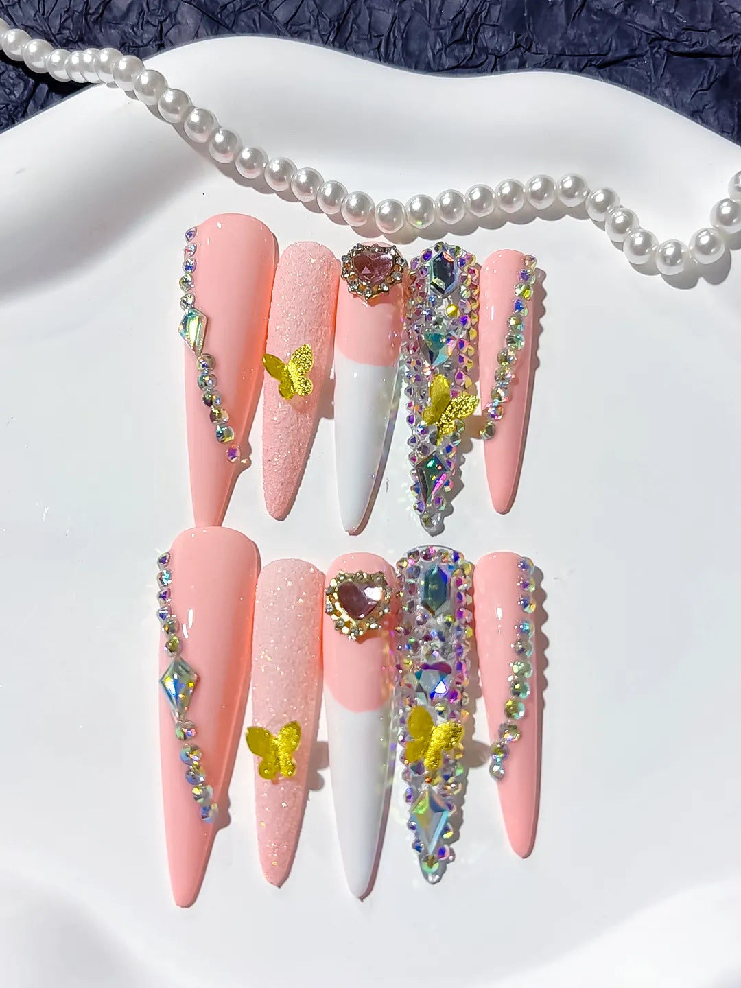 M032 - Long White Pink Stiletto Abstract Flower 3D