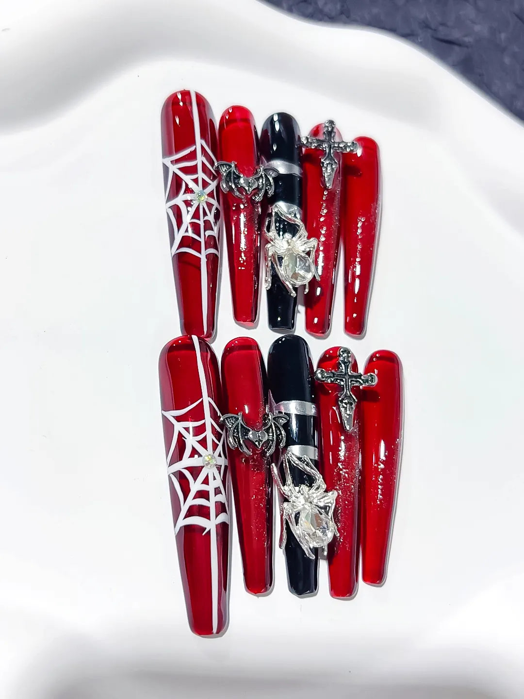 M033 - Long Red Black Coffin Abstract Strap Stud