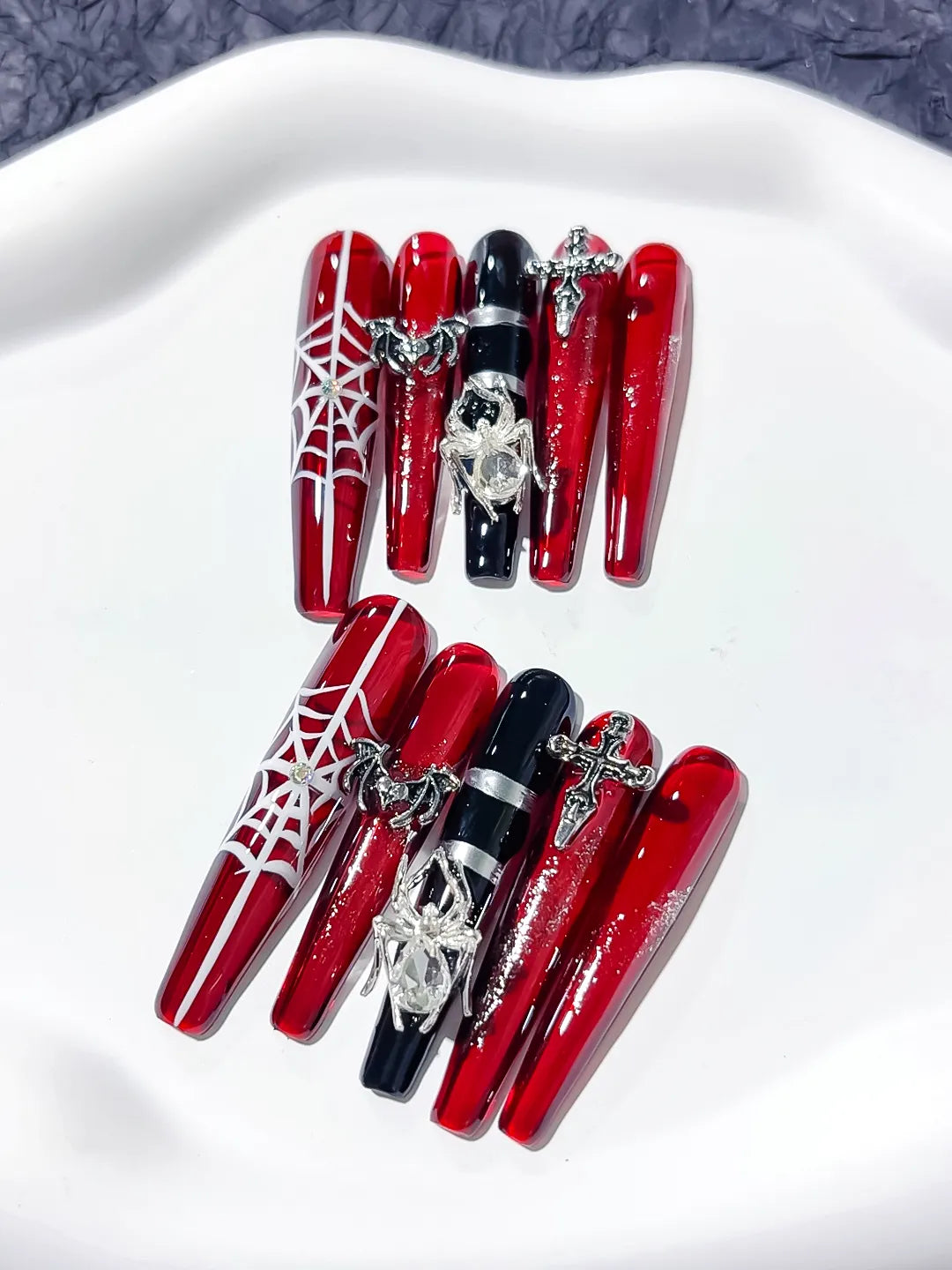 M033 - Long Red Black Coffin Abstract Strap Stud
