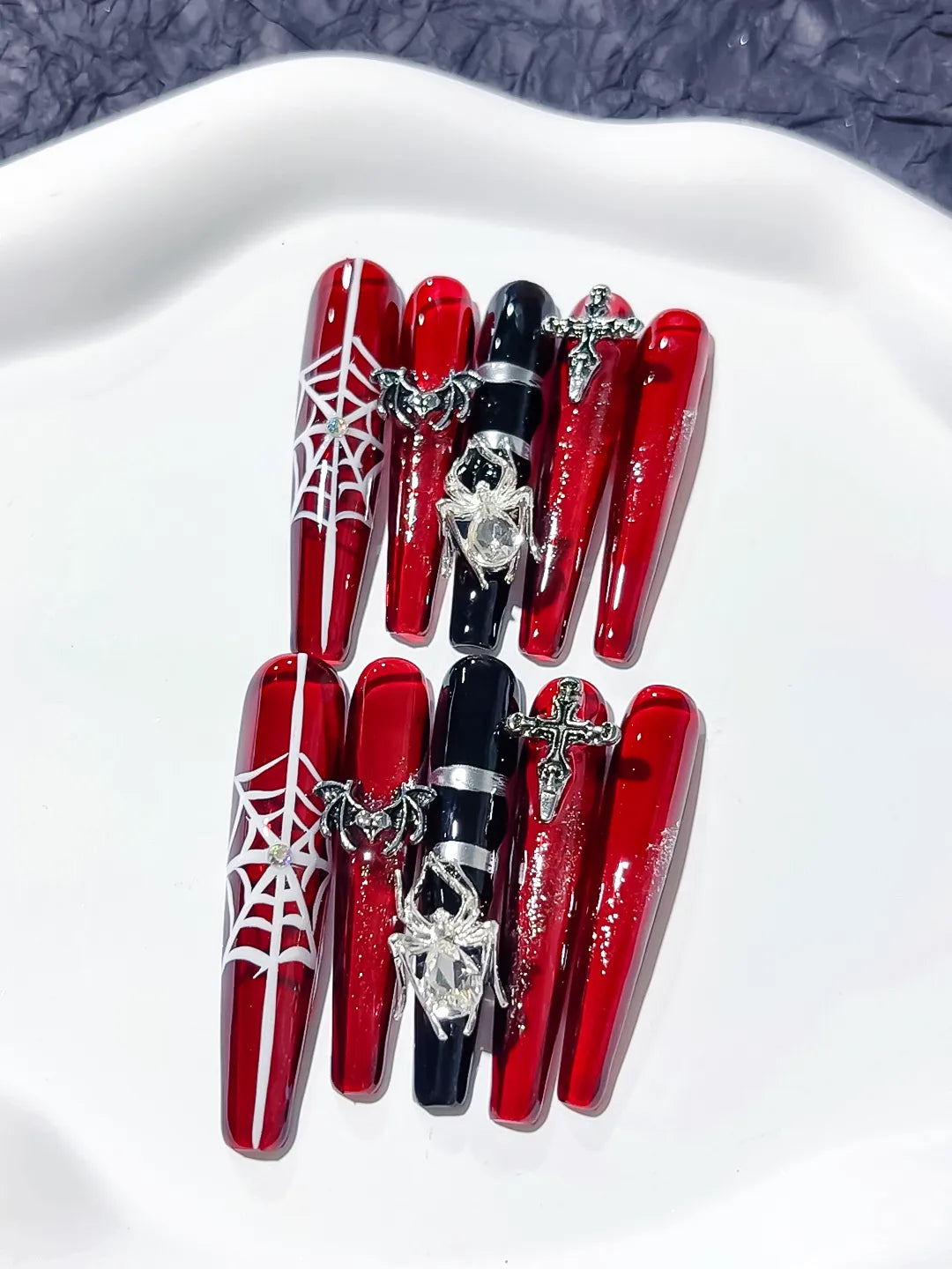 M033 - Long Red Black Coffin Abstract Strap Stud