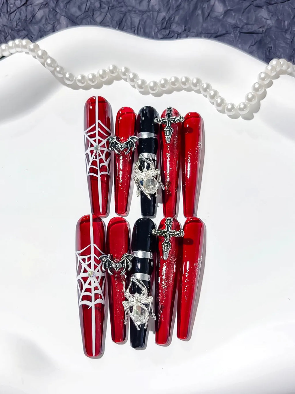 M033 - Long Red Black Coffin Abstract Strap Stud