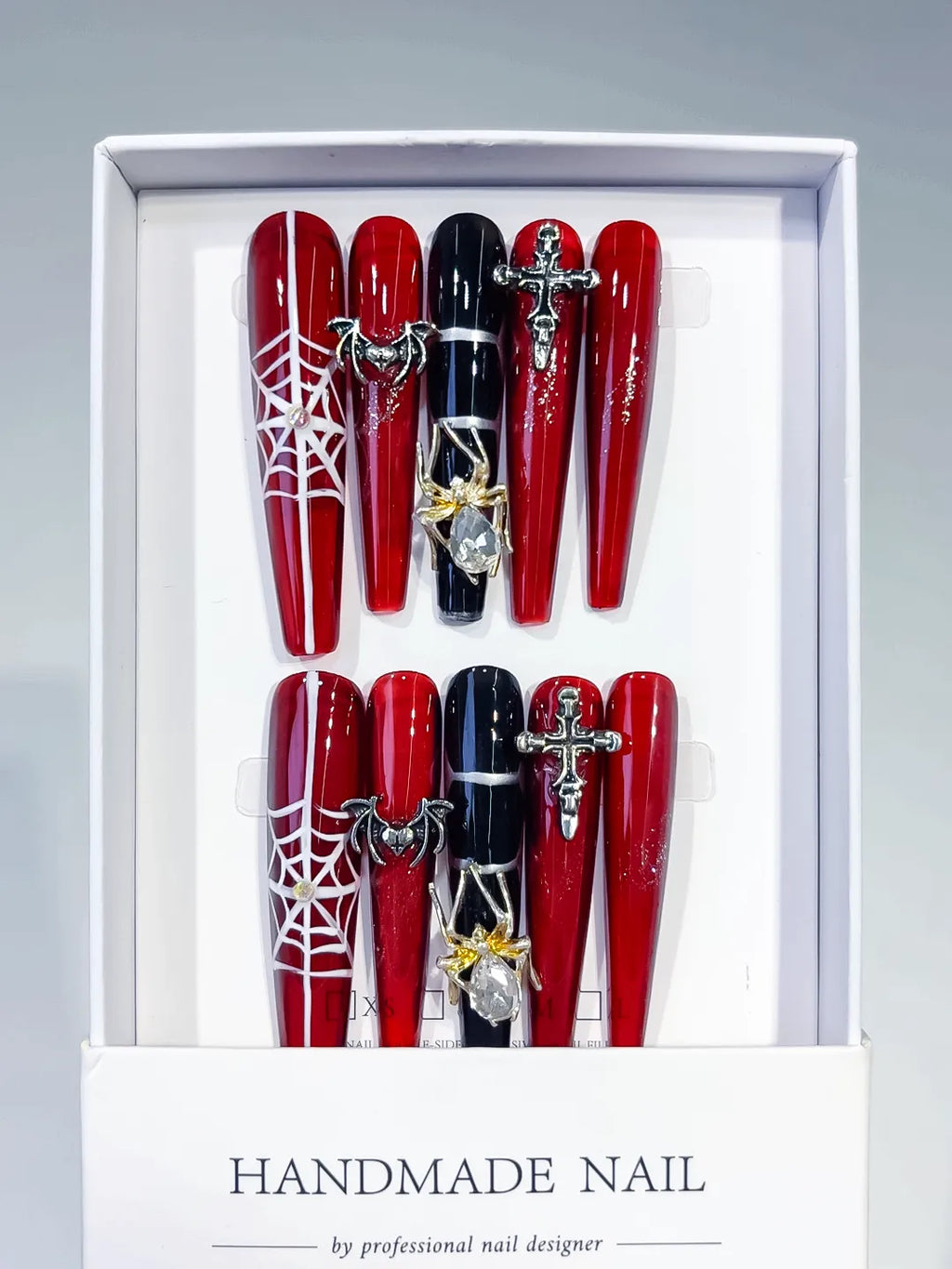 M033 - Long Red Black Coffin Abstract Strap Stud