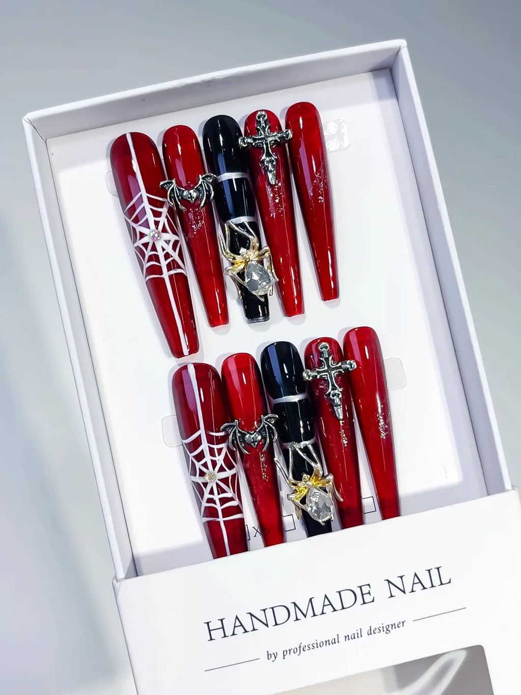 M033 - Long Red Black Coffin Abstract Strap Stud