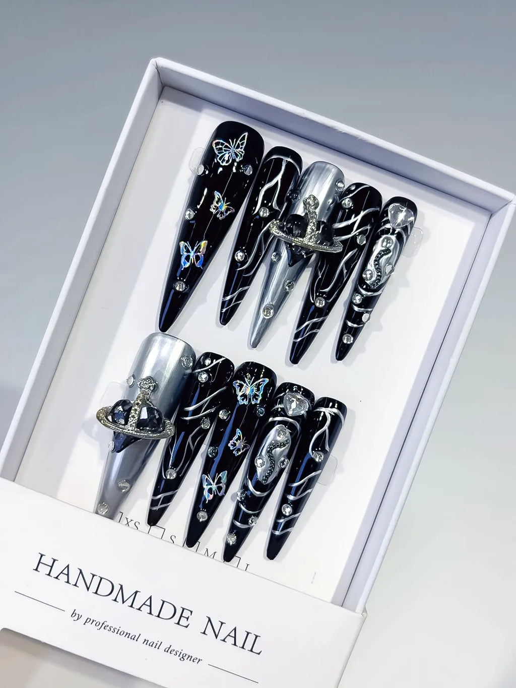 M034 - Long Black Silver Stiletto Solid color Bear Rhinestone